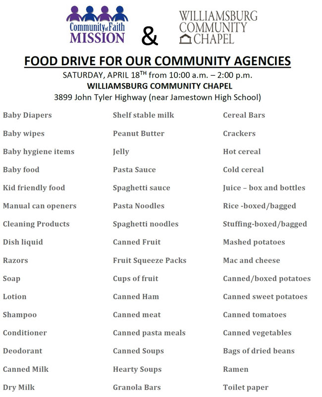 Food Drive for Local Community Agencies on April 18